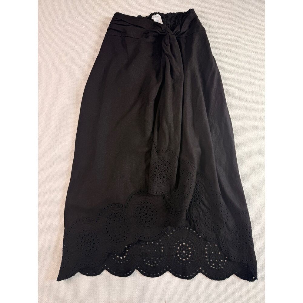 Sigrid Olsen Black Linen Blend Eyelet Maxi Skirt Smocked Waist Size Small